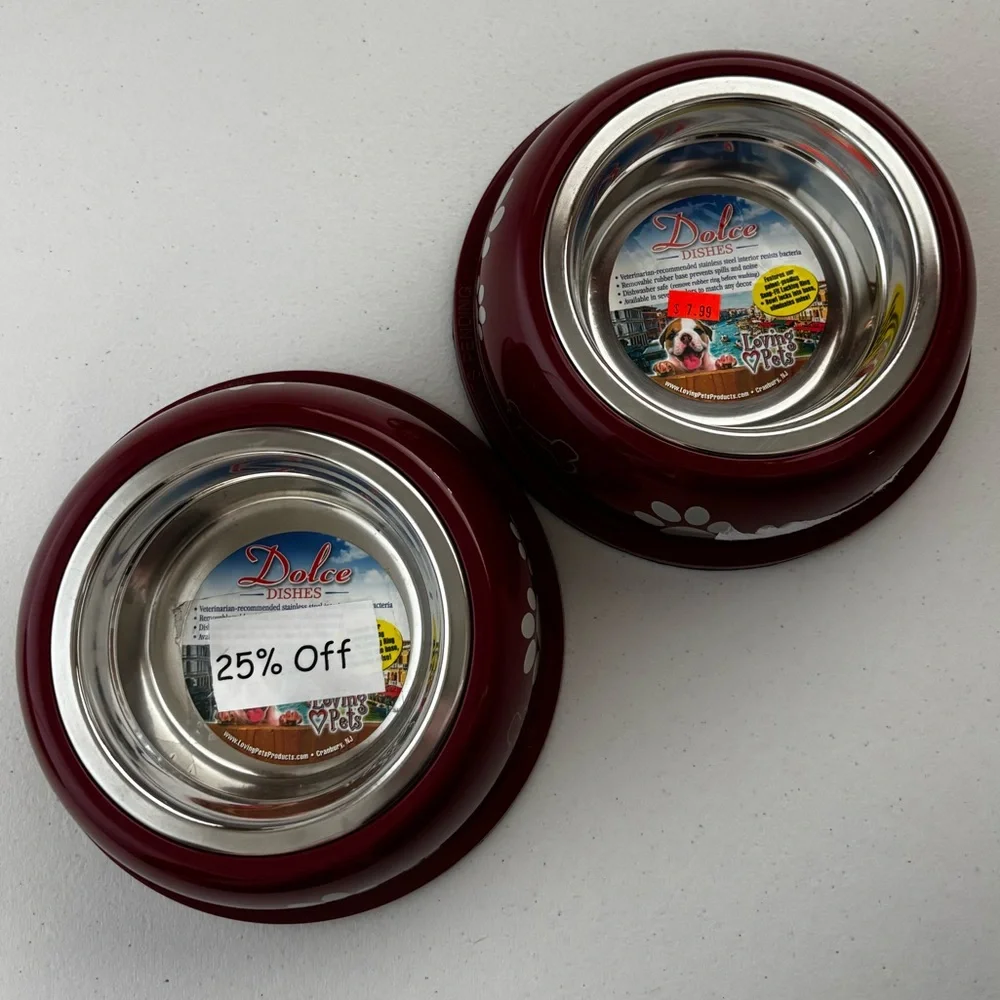 Set of 2 Merlot Paw Print Stainless Steel Loving Pets Dolce Dishes